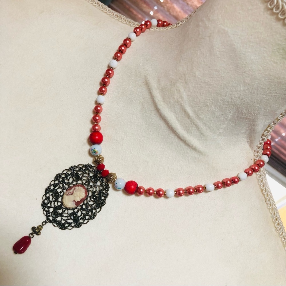 Handcrafted repurpose lady cameo pendant Czech glass Pearl necklace